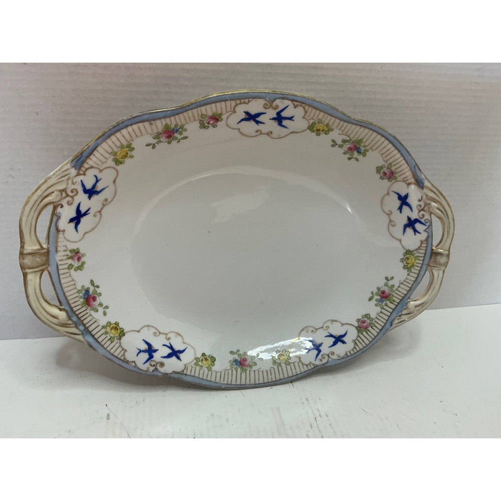 Nippon Vintage Hand Painted Porcelain Dish Blue Bird Floral Gold Trim 10.5in